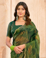 Vishal Prints Forest Green Designer Satin-Chiffon Digital Print Saree With Diamond Work And Cut Work Border