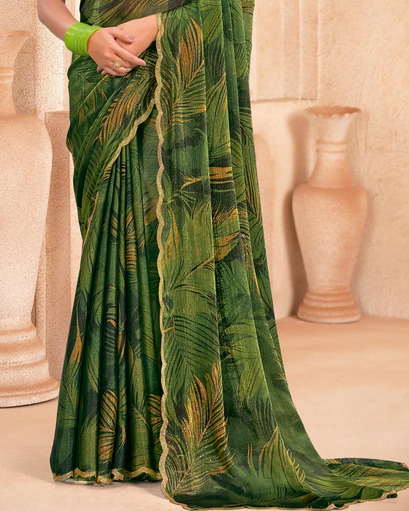 Vishal Prints Forest Green Designer Satin-Chiffon Digital Print Saree With Diamond Work And Cut Work Border