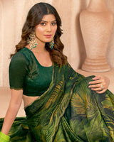 Vishal Prints Forest Green Designer Satin-Chiffon Digital Print Saree With Diamond Work And Cut Work Border