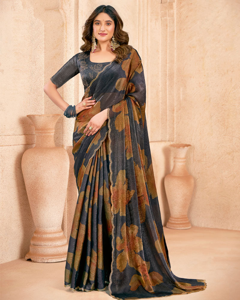 Vishal Prints Davy Grey And Rusty Brown Designer Satin-Chiffon Digital Print Saree With Diamond Work And Cut Work Border
