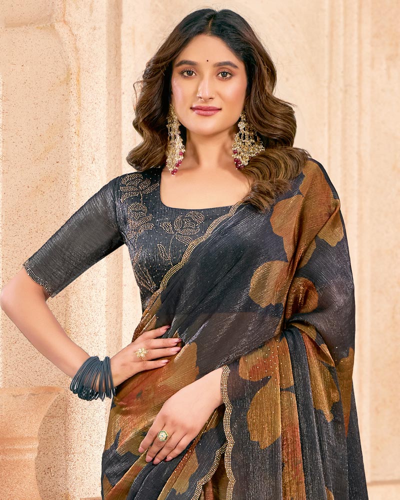 Vishal Prints Davy Grey And Rusty Brown Designer Satin-Chiffon Digital Print Saree With Diamond Work And Cut Work Border