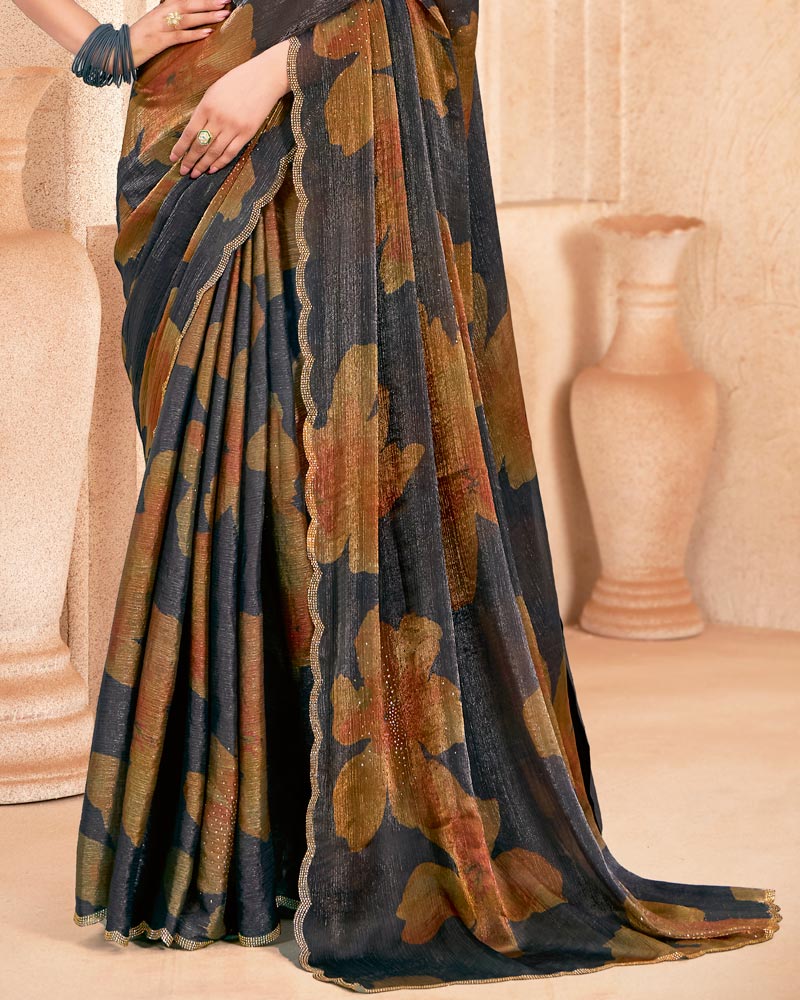 Vishal Prints Davy Grey And Rusty Brown Designer Satin-Chiffon Digital Print Saree With Diamond Work And Cut Work Border