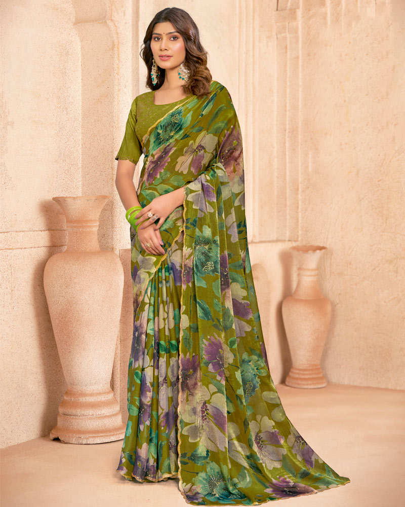 Vishal Prints Brownish Green Designer Satin-Chiffon Digital Print Saree With Diamond Work And Cut Work Border