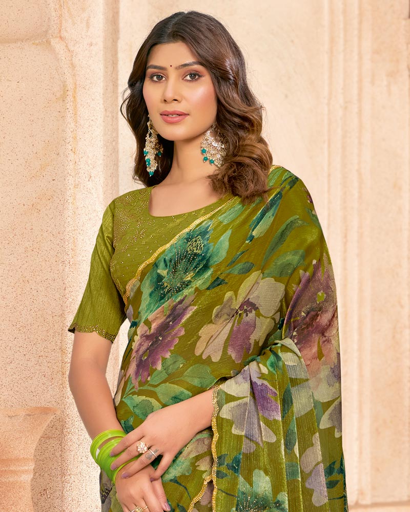 Vishal Prints Brownish Green Designer Satin-Chiffon Digital Print Saree With Diamond Work And Cut Work Border