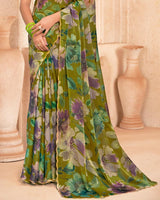 Vishal Prints Brownish Green Designer Satin-Chiffon Digital Print Saree With Diamond Work And Cut Work Border