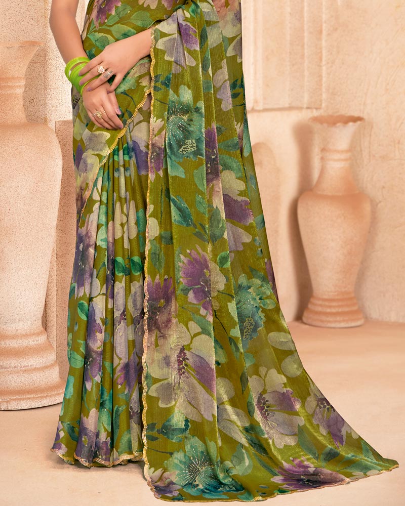 Vishal Prints Brownish Green Designer Satin-Chiffon Digital Print Saree With Diamond Work And Cut Work Border