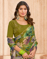 Vishal Prints Brownish Green Designer Satin-Chiffon Digital Print Saree With Diamond Work And Cut Work Border