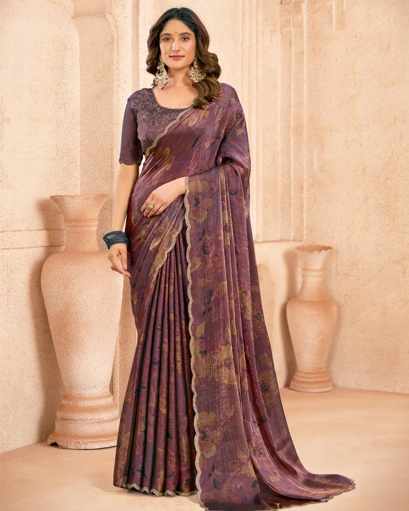Vishal Prints Dark Mauve Designer Satin-Chiffon Digital Print Saree With Diamond Work And Cut Work Border