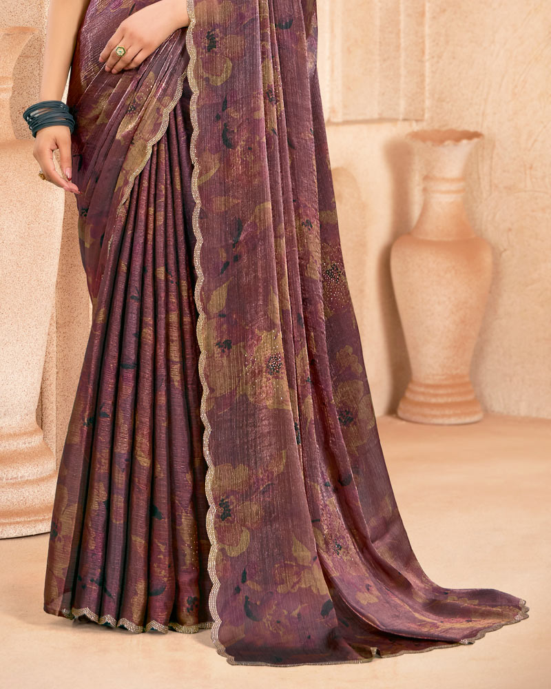 Vishal Prints Dark Mauve Designer Satin-Chiffon Digital Print Saree With Diamond Work And Cut Work Border