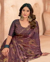 Vishal Prints Dark Mauve Designer Satin-Chiffon Digital Print Saree With Diamond Work And Cut Work Border