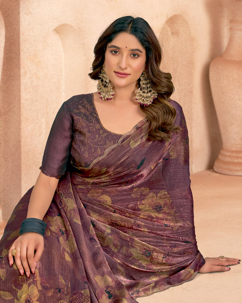 Vishal Prints Dark Mauve Designer Satin-Chiffon Digital Print Saree With Diamond Work And Cut Work Border