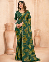 Vishal Prints Lunar Green Designer Satin-Chiffon Digital Print Saree With Diamond Work And Cut Work Border