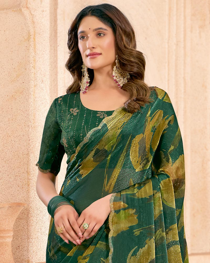 Vishal Prints Lunar Green Designer Satin-Chiffon Digital Print Saree With Diamond Work And Cut Work Border