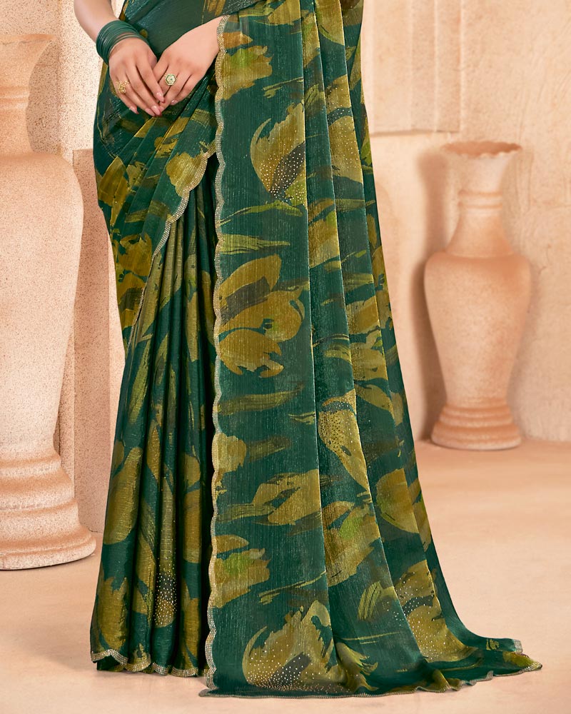 Vishal Prints Lunar Green Designer Satin-Chiffon Digital Print Saree With Diamond Work And Cut Work Border