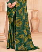 Vishal Prints Lunar Green Designer Satin-Chiffon Digital Print Saree With Diamond Work And Cut Work Border
