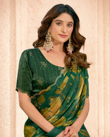 Vishal Prints Lunar Green Designer Satin-Chiffon Digital Print Saree With Diamond Work And Cut Work Border