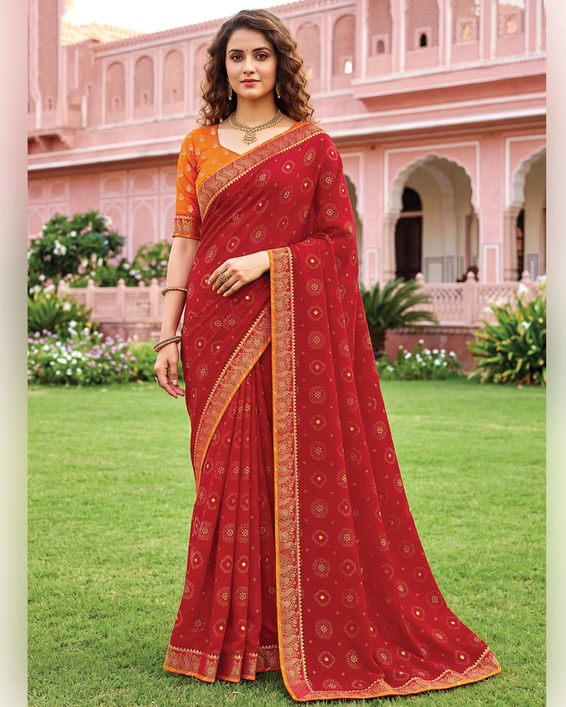 Vishal Prints Cardinal Red Traditional Print Georgette Saree With Mirror Work And Zari Border