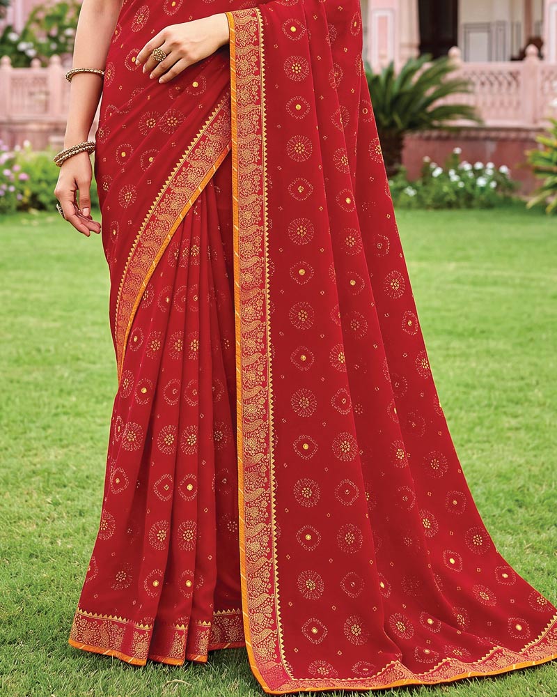Vishal Prints Cardinal Red Traditional Print Georgette Saree With Mirror Work And Zari Border