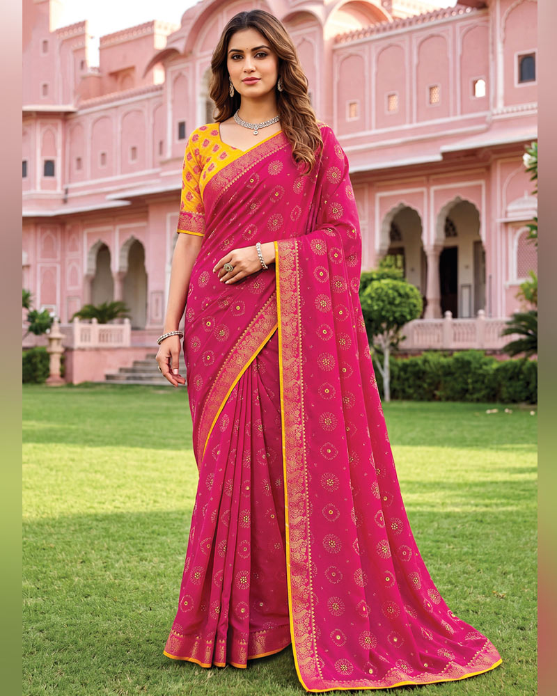 Vishal Prints Dark Hot Pink Traditional Print Georgette Saree With Mirror Work And Zari Border
