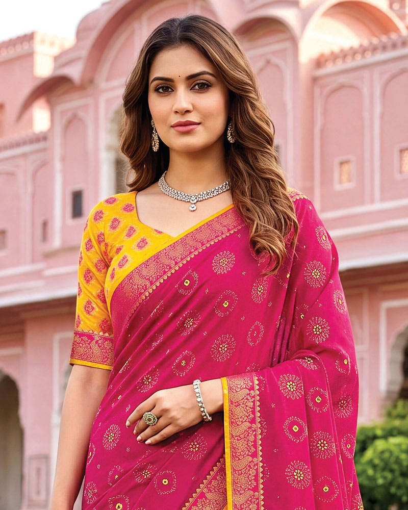 Vishal Prints Dark Hot Pink Traditional Print Georgette Saree With Mirror Work And Zari Border