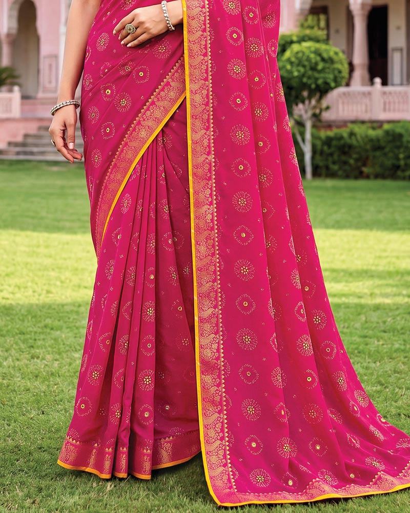 Vishal Prints Dark Hot Pink Traditional Print Georgette Saree With Mirror Work And Zari Border