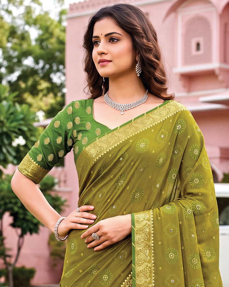 Vishal Prints Dusty Mehandi Green Traditional Print Georgette Saree With Mirror Work And Zari Border