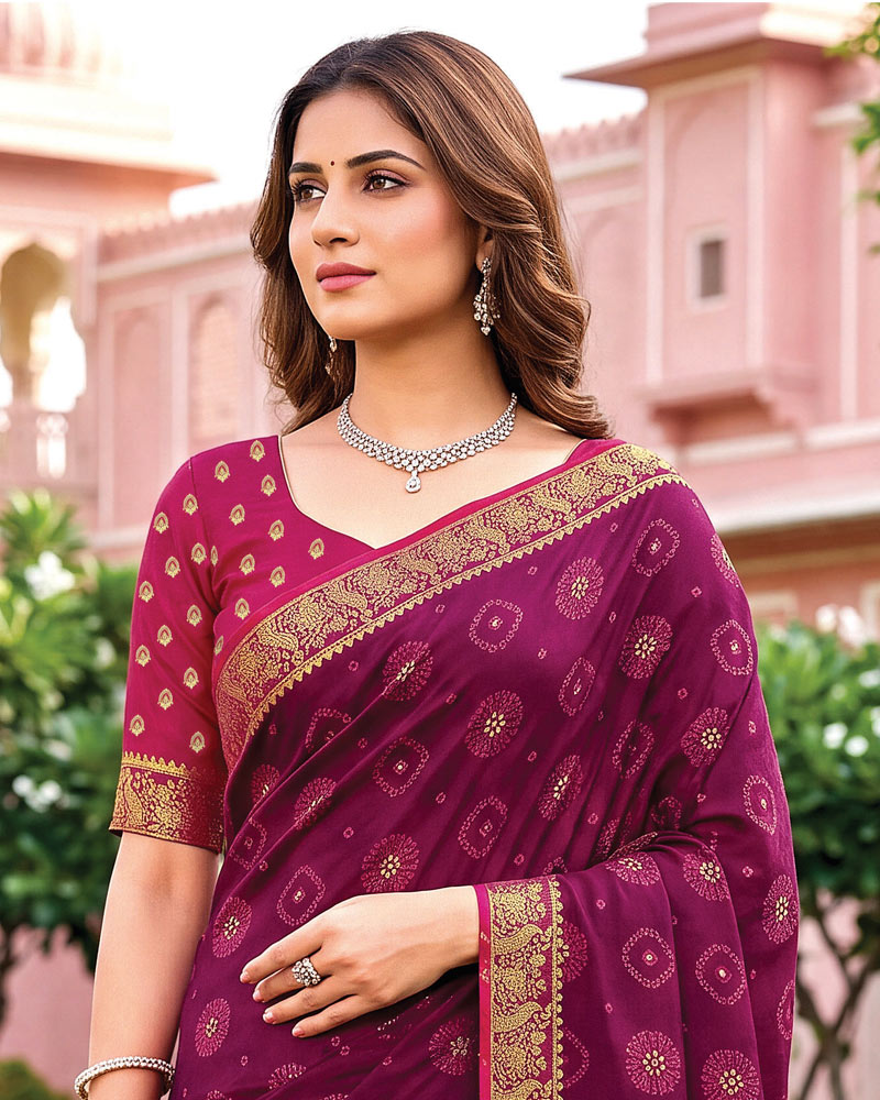 Vishal Prints Dark Wineberry Traditional Print Georgette Saree With Mirror Work And Zari Border