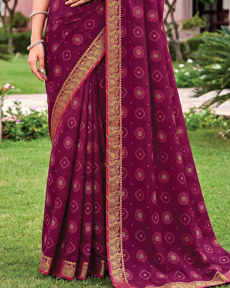 Vishal Prints Dark Wineberry Traditional Print Georgette Saree With Mirror Work And Zari Border