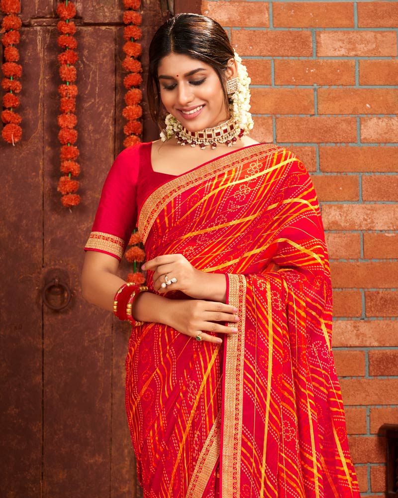Vishal Prints Cherry Red Patterned Chiffon Bandhani Print Saree With Fancy Border