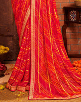Vishal Prints Cherry Red Patterned Chiffon Bandhani Print Saree With Fancy Border