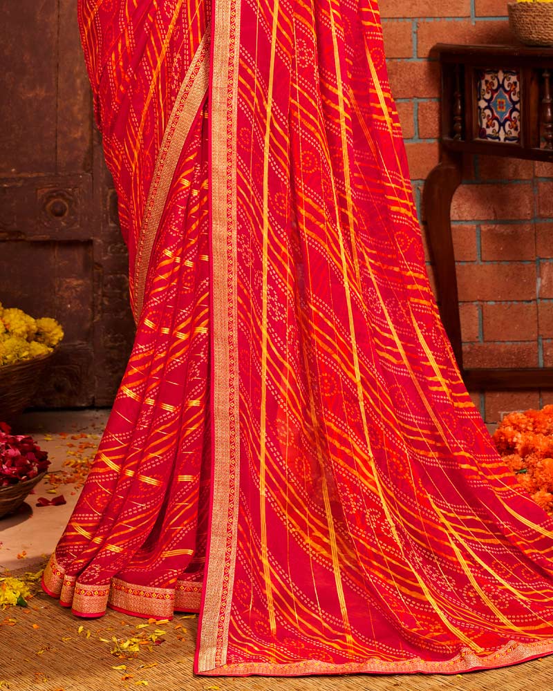 Vishal Prints Cherry Red Patterned Chiffon Bandhani Print Saree With Fancy Border