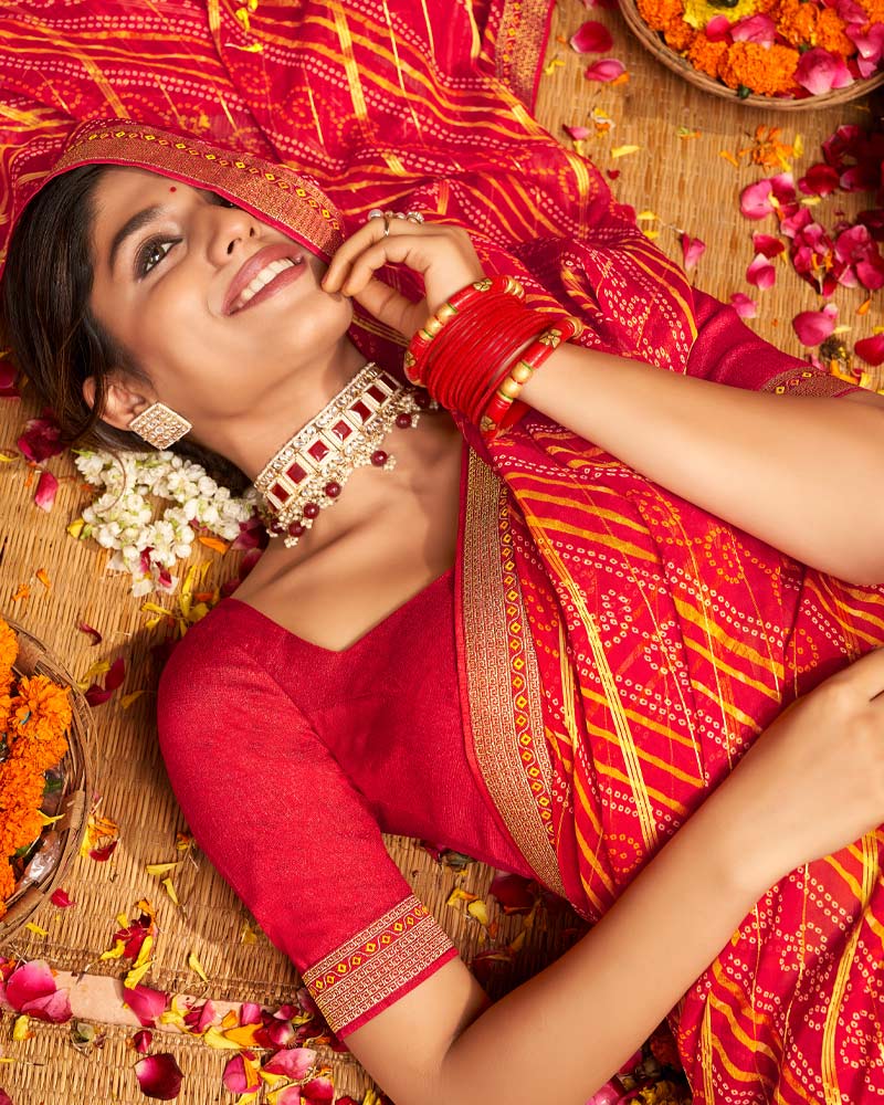 Vishal Prints Cherry Red Patterned Chiffon Bandhani Print Saree With Fancy Border