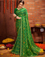 Vishal Prints Dark Green Patterned Chiffon Bandhani Print Saree With Fancy Border