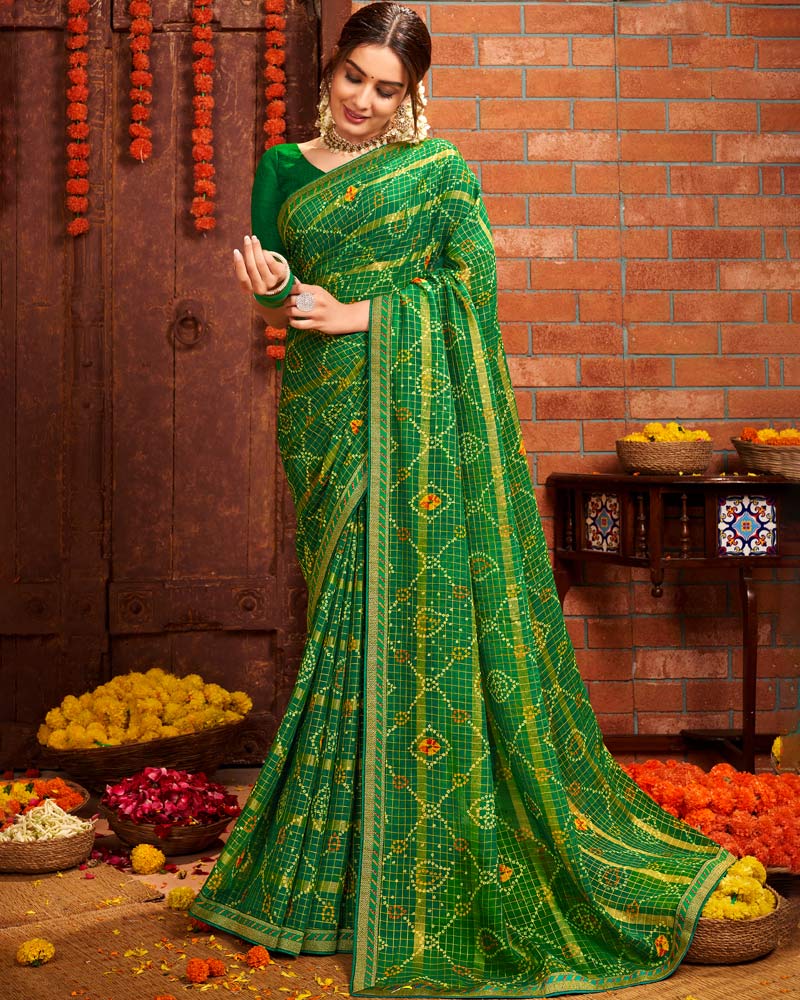 Vishal Prints Dark Green Patterned Chiffon Bandhani Print Saree With Fancy Border