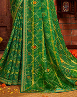 Vishal Prints Dark Green Patterned Chiffon Bandhani Print Saree With Fancy Border