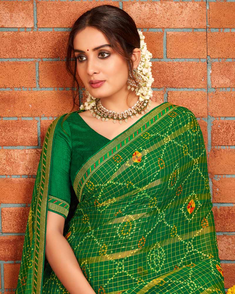 Vishal Prints Dark Green Patterned Chiffon Bandhani Print Saree With Fancy Border