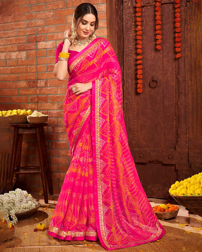 Vishal Prints Hot Pink Patterned Chiffon Bandhani Print Saree With Fancy Border