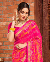 Vishal Prints Hot Pink Patterned Chiffon Bandhani Print Saree With Fancy Border