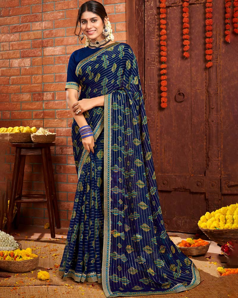 Vishal Prints Navy Blue Patterned Chiffon Bandhani Print Saree With Fancy Border
