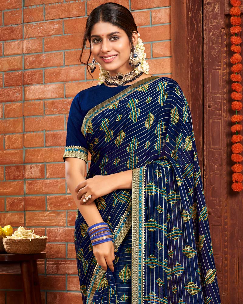 Vishal Prints Navy Blue Patterned Chiffon Bandhani Print Saree With Fancy Border