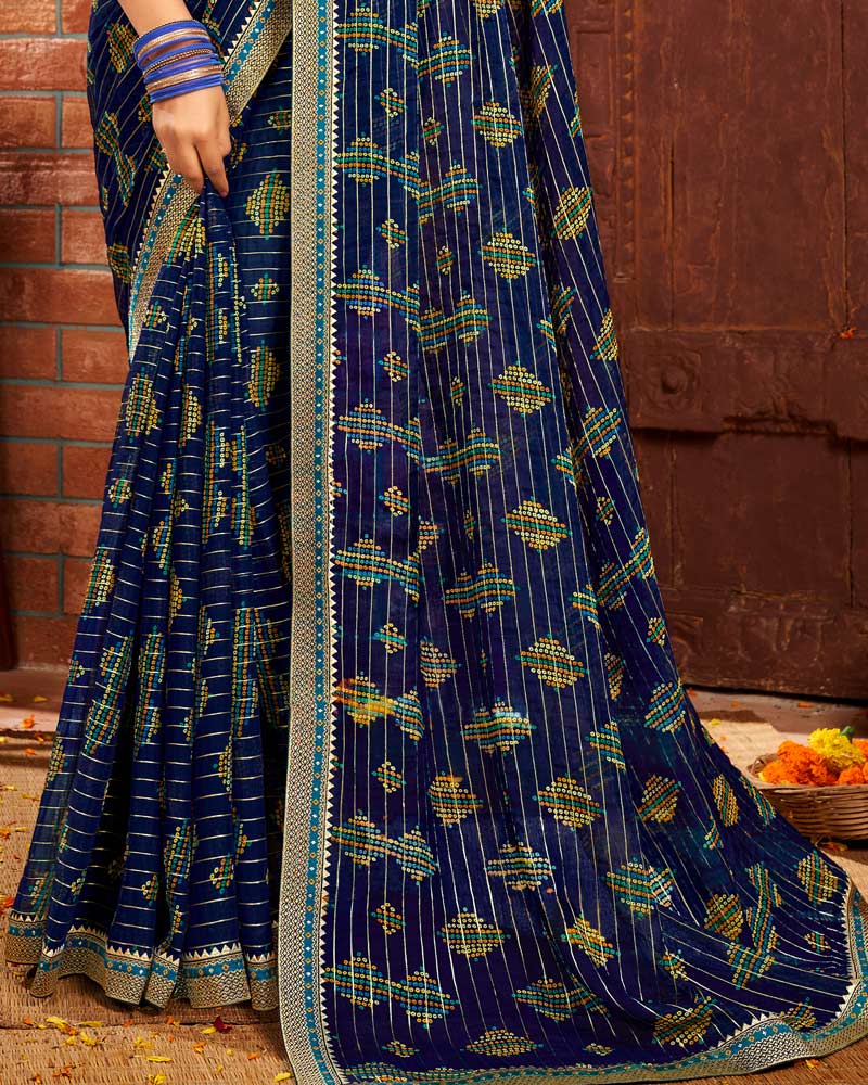 Vishal Prints Navy Blue Patterned Chiffon Bandhani Print Saree With Fancy Border