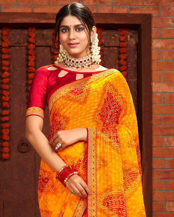 Vishal Prints Yellowish Orange Patterned Chiffon Bandhani Print Saree With Fancy Border