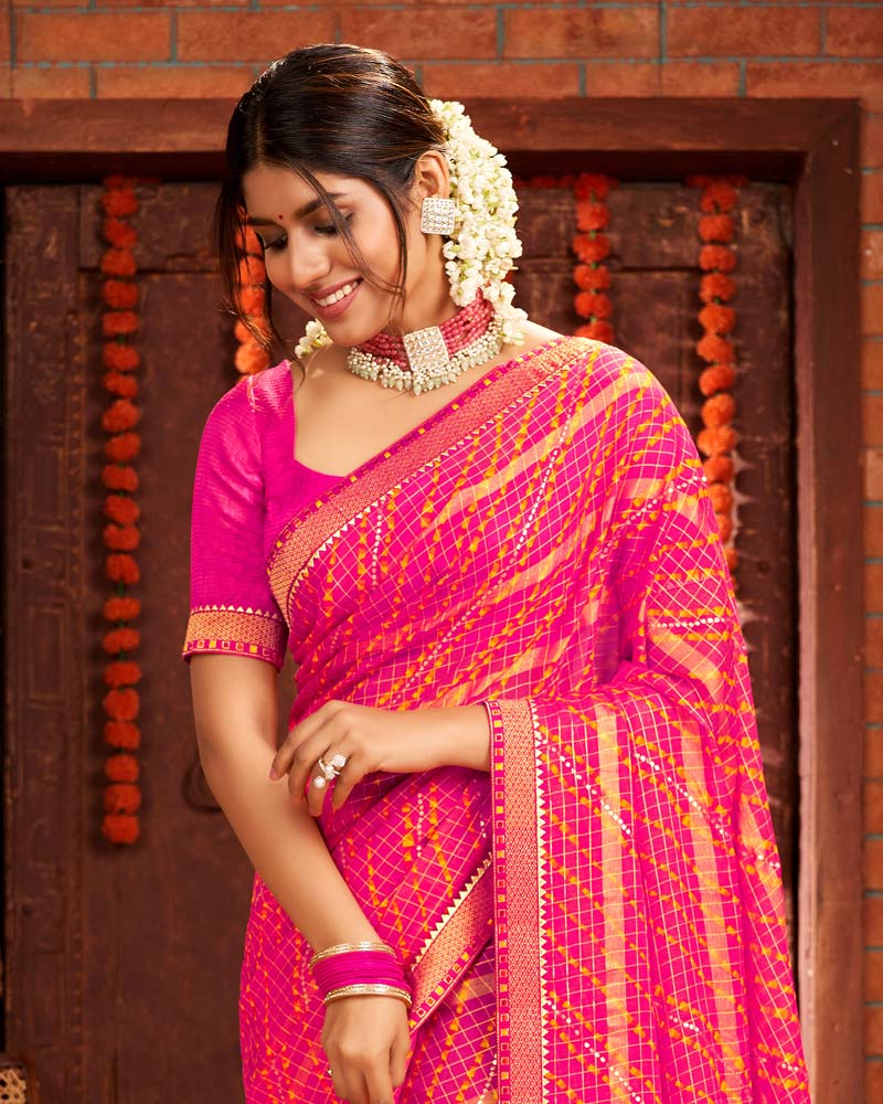 Vishal Prints Red Pink Patterned Chiffon Bandhani Print Saree With Fancy Border