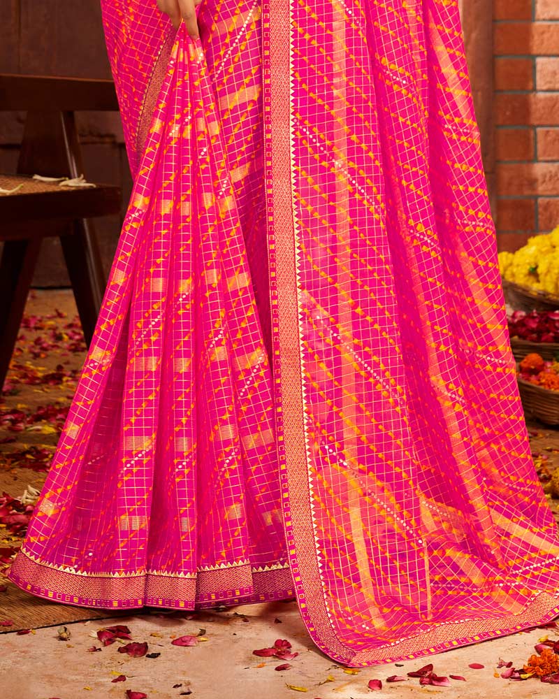 Vishal Prints Red Pink Patterned Chiffon Bandhani Print Saree With Fancy Border