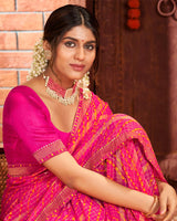 Vishal Prints Red Pink Patterned Chiffon Bandhani Print Saree With Fancy Border