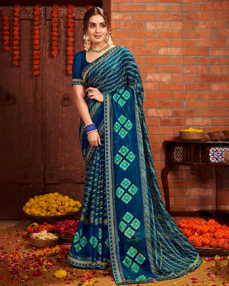 Vishal Prints Navy Blue Patterned Chiffon Bandhani Print Saree With Fancy Border