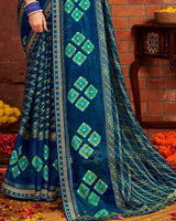 Vishal Prints Navy Blue Patterned Chiffon Bandhani Print Saree With Fancy Border