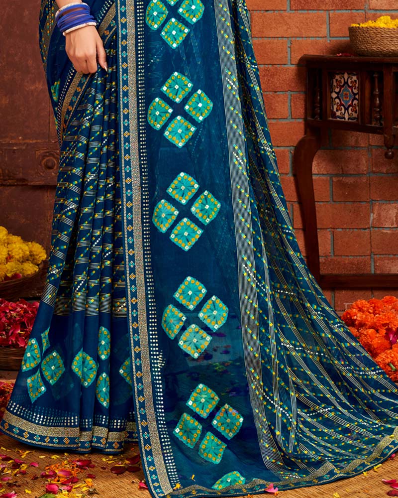 Vishal Prints Navy Blue Patterned Chiffon Bandhani Print Saree With Fancy Border