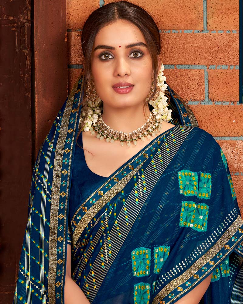 Vishal Prints Navy Blue Patterned Chiffon Bandhani Print Saree With Fancy Border