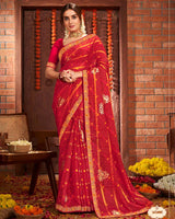 Vishal Prints Dark Red Patterned Chiffon Bandhani Print Saree With Fancy Border